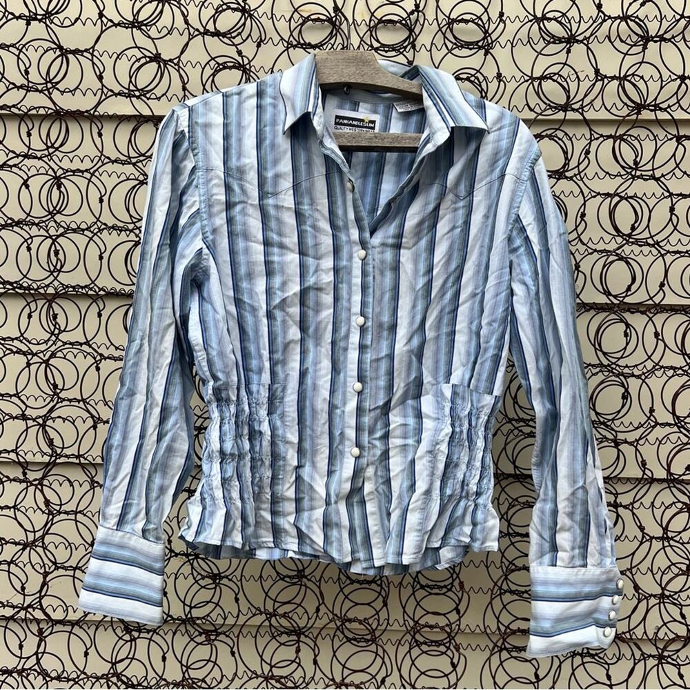 Vintage 90s Panhandle Slim long sleeve pearl snap blue stripe shirt smocked side